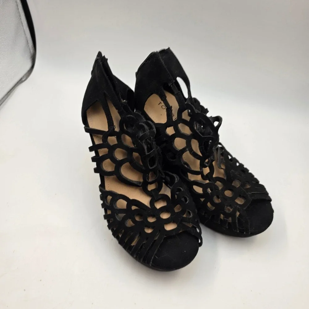 Torrid Black Faux Suede Laser Cage Wedge Sandals 7W 11156446 Peep Toe Platform